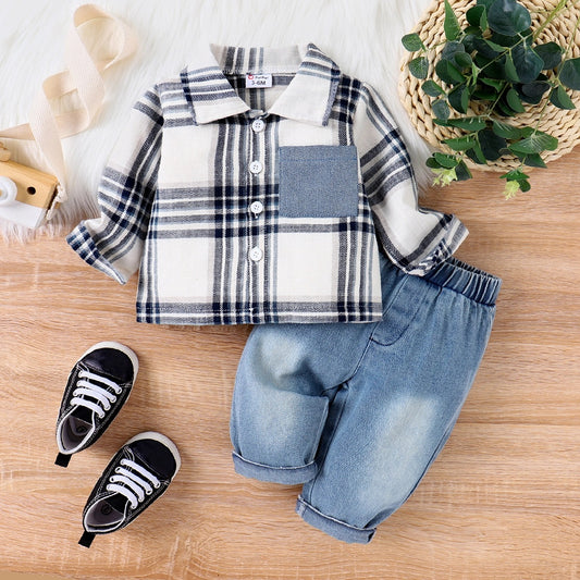 2-Piece Plaid Long Sleeve Patch Pocket Shirt With Jeans For Baby Boy