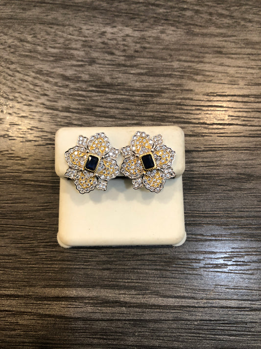 Blue Flower Two Tone CZ Earrings