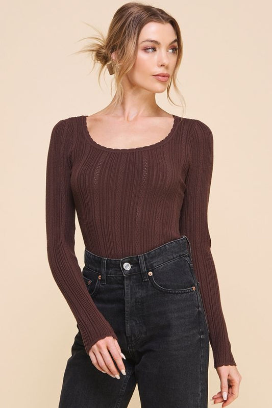 Ribbed Scoop Neck Long Sleeve Bodysuit