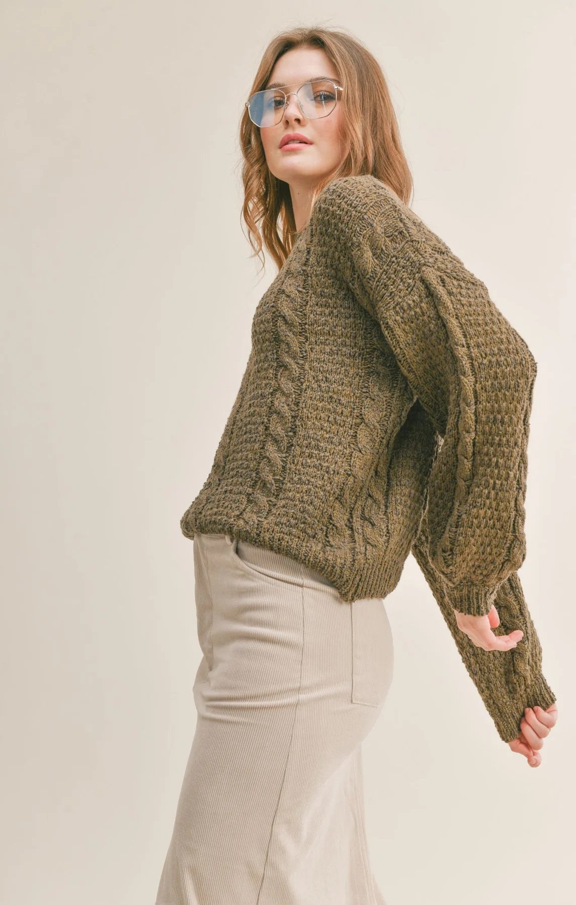 Sadie & Sage, Vera Cable Knit Sweater in Olive - Boutique Dandelion