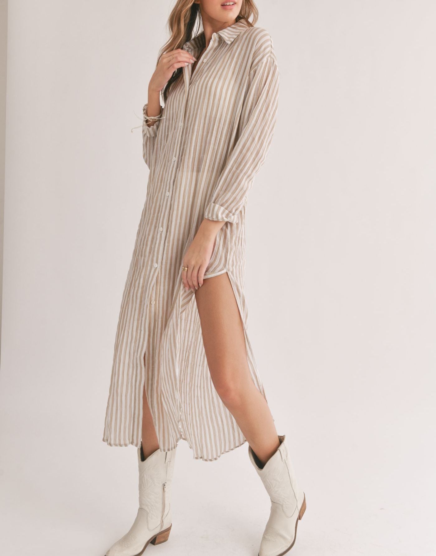 Sadie & Sage, Sands Thin Stripe Outer Layer Duster Shirt in Ivory Stripe - Boutique Dandelion