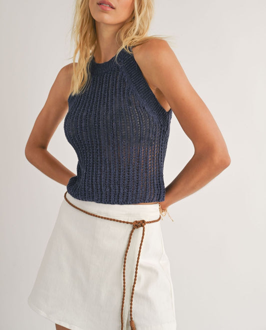 Sadie & Sage, Rachel Open Knit Sweater Tank in Navy - Boutique Dandelion