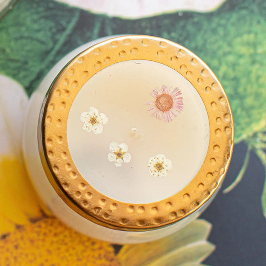 Rosy Rings, Apricot Rose Pressed Flower Candle