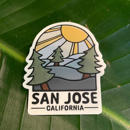 Little Hiker Bird, San Jose, California - Vinyl Sticker - Dishwasher Safe Weather Resistant UV Protected - Evergreen Trees - Boutique Dandelion