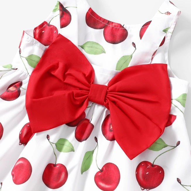 Cherry Bow Tie Dress with Matching Hat Set