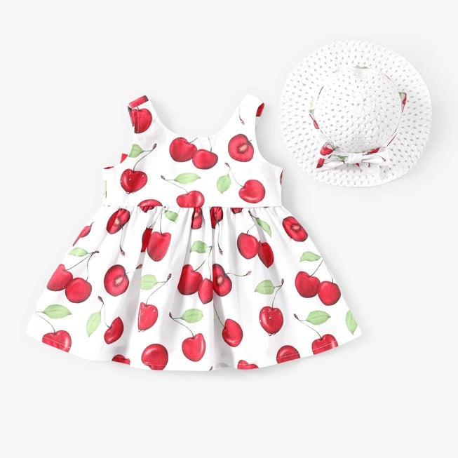 Cherry Bow Tie Dress with Matching Hat Set
