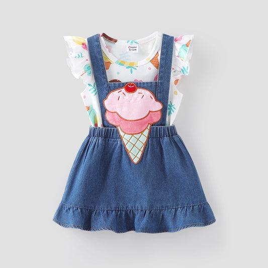 2-Piece Ice Cream Tee & Embroidery Overall Dress for Baby Toddler