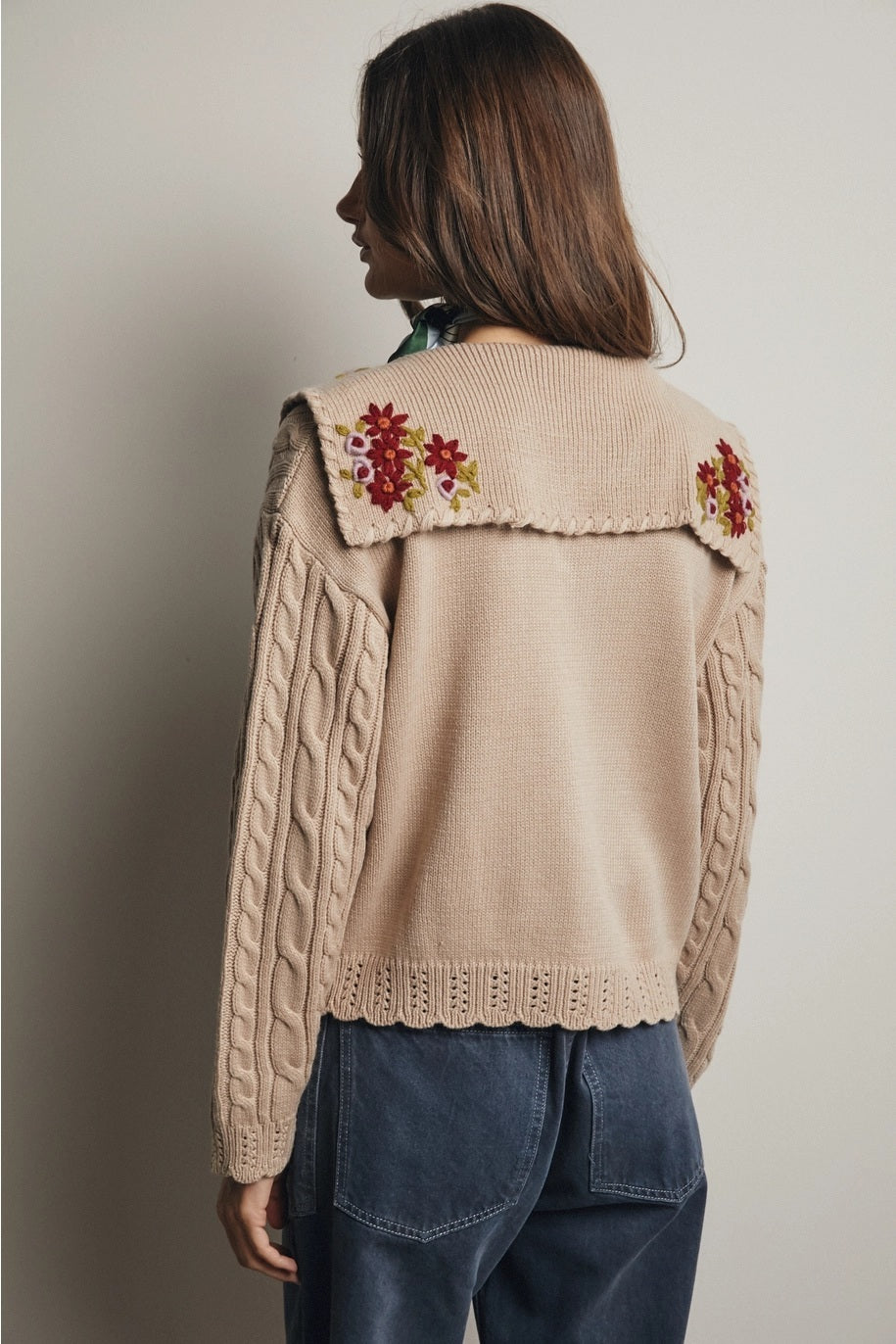 Flower Embroidered Collar Cable Knit Cardigan