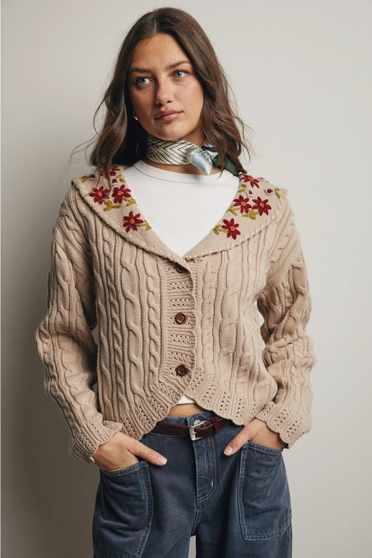 Flower Embroidered Collar Cable Knit Cardigan
