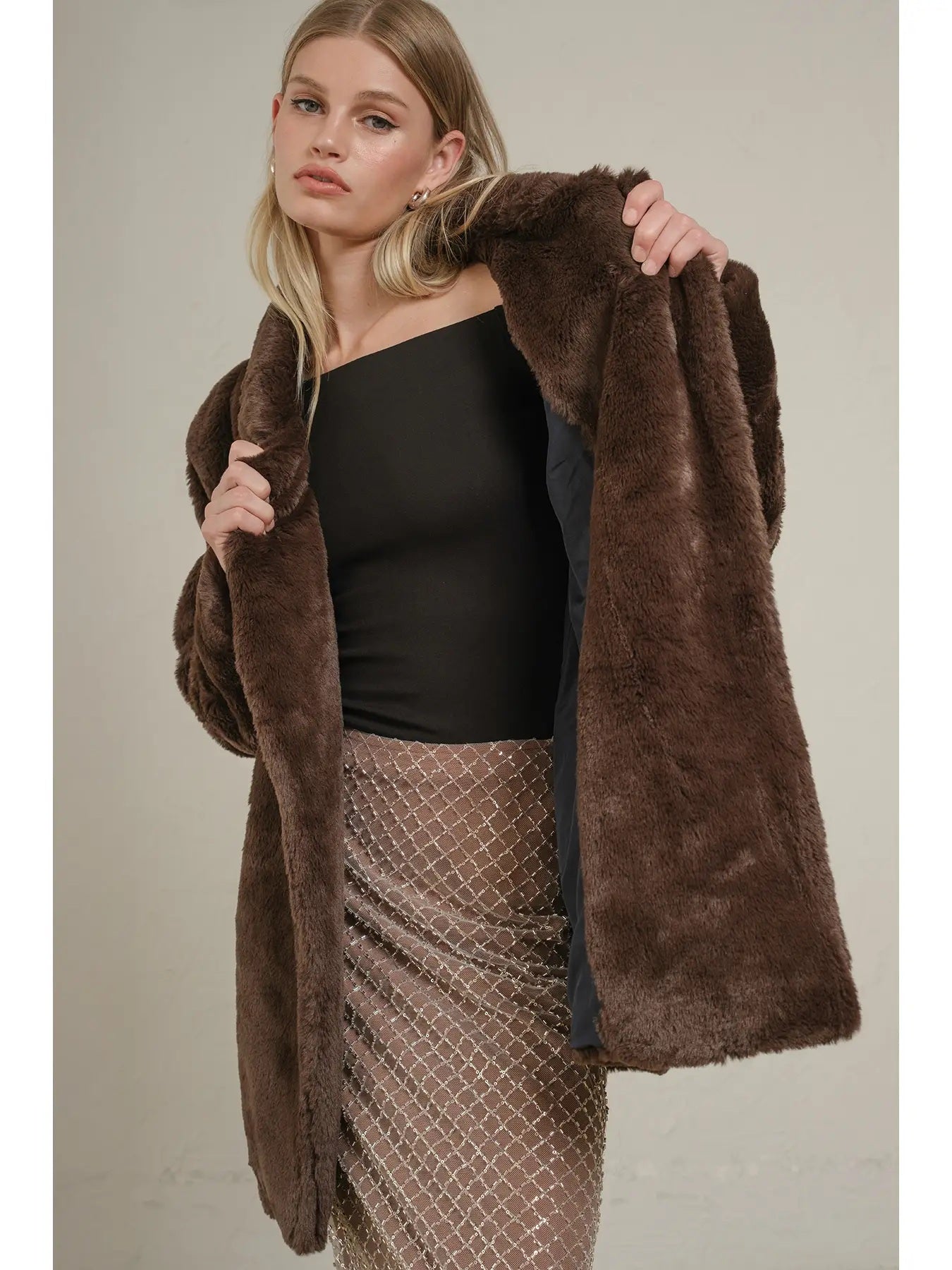 Chocolate Faux Fur Open Front Jacket