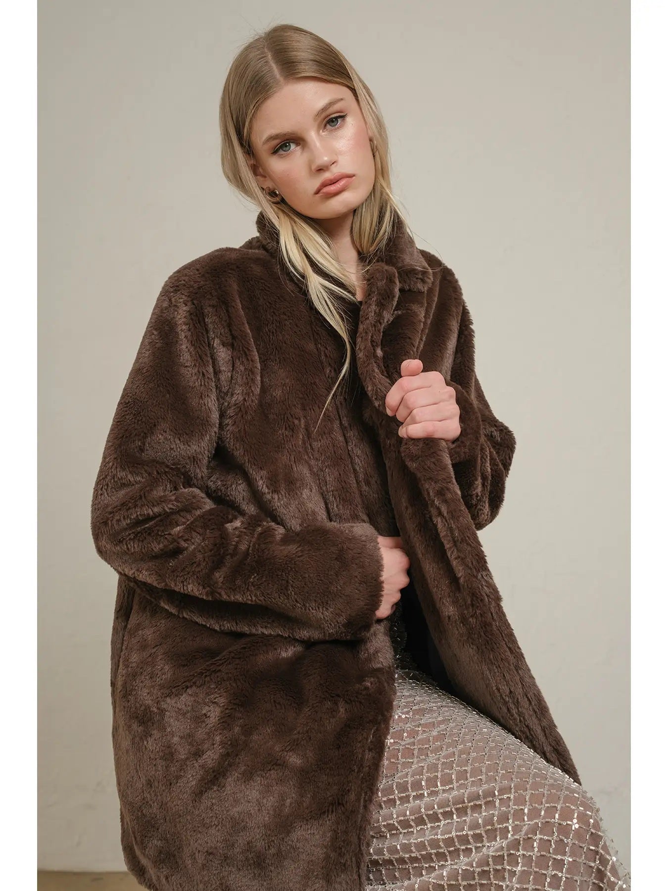 Chocolate Faux Fur Open Front Jacket
