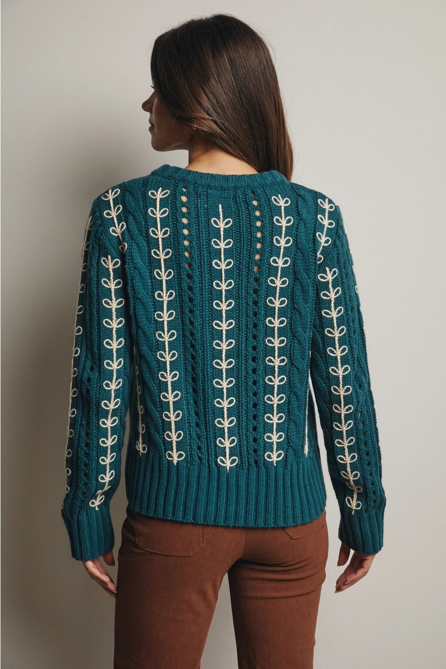 Embroidered Cable Knit Pullover