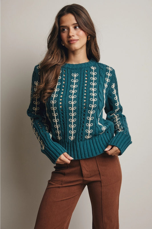 Embroidered Cable Knit Pullover