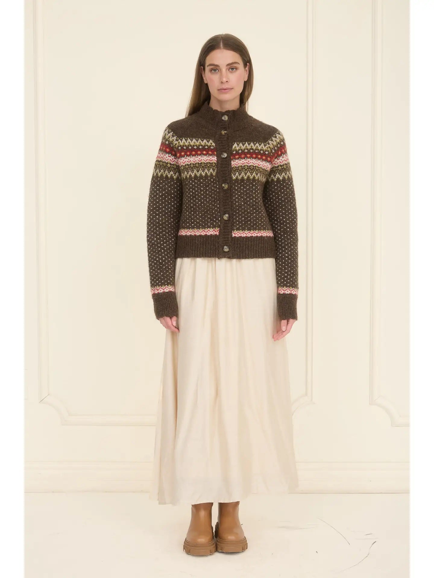 Fair Isle Mock Neck Button Down Cardigan