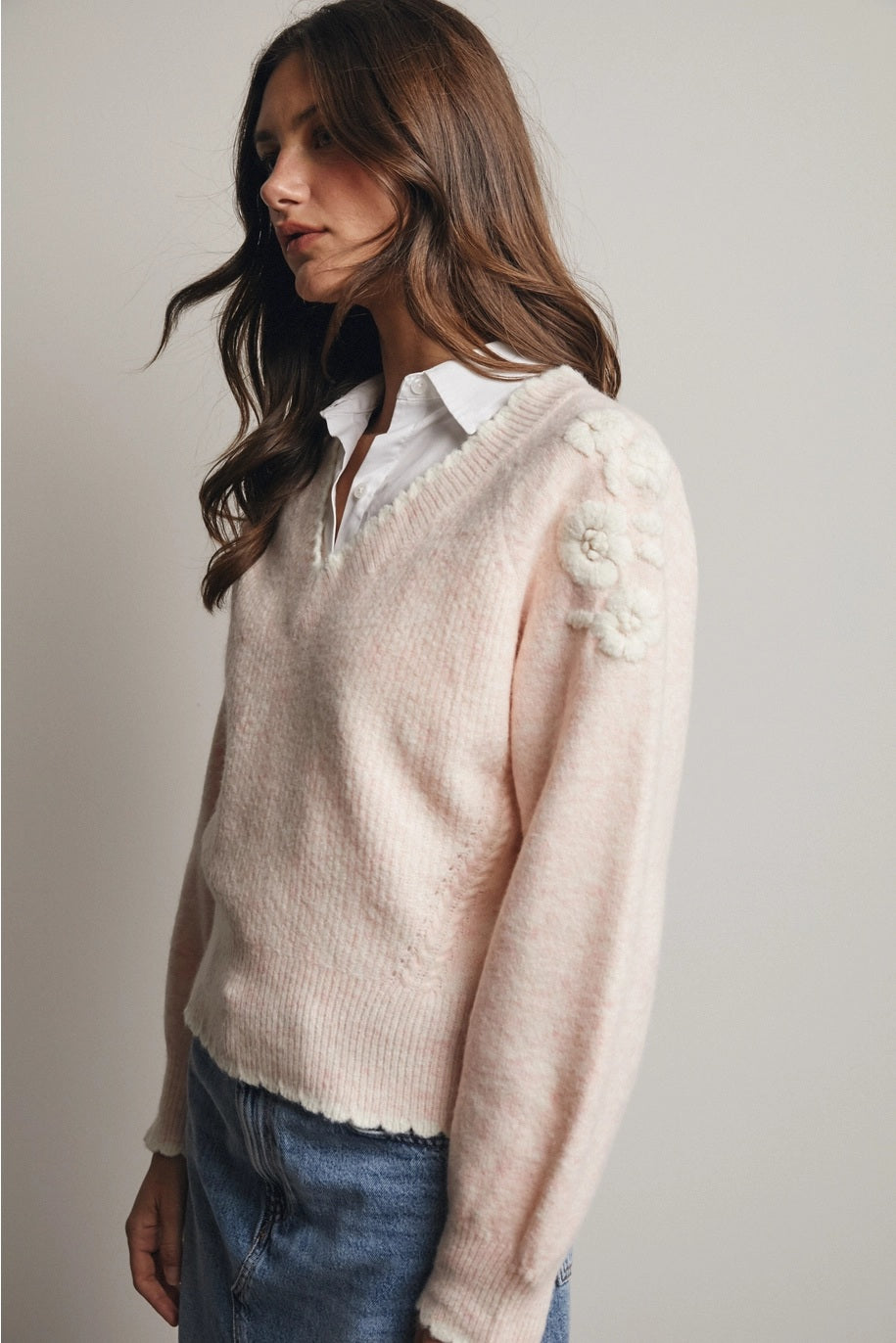 Floral Applique V-Neck Sweater