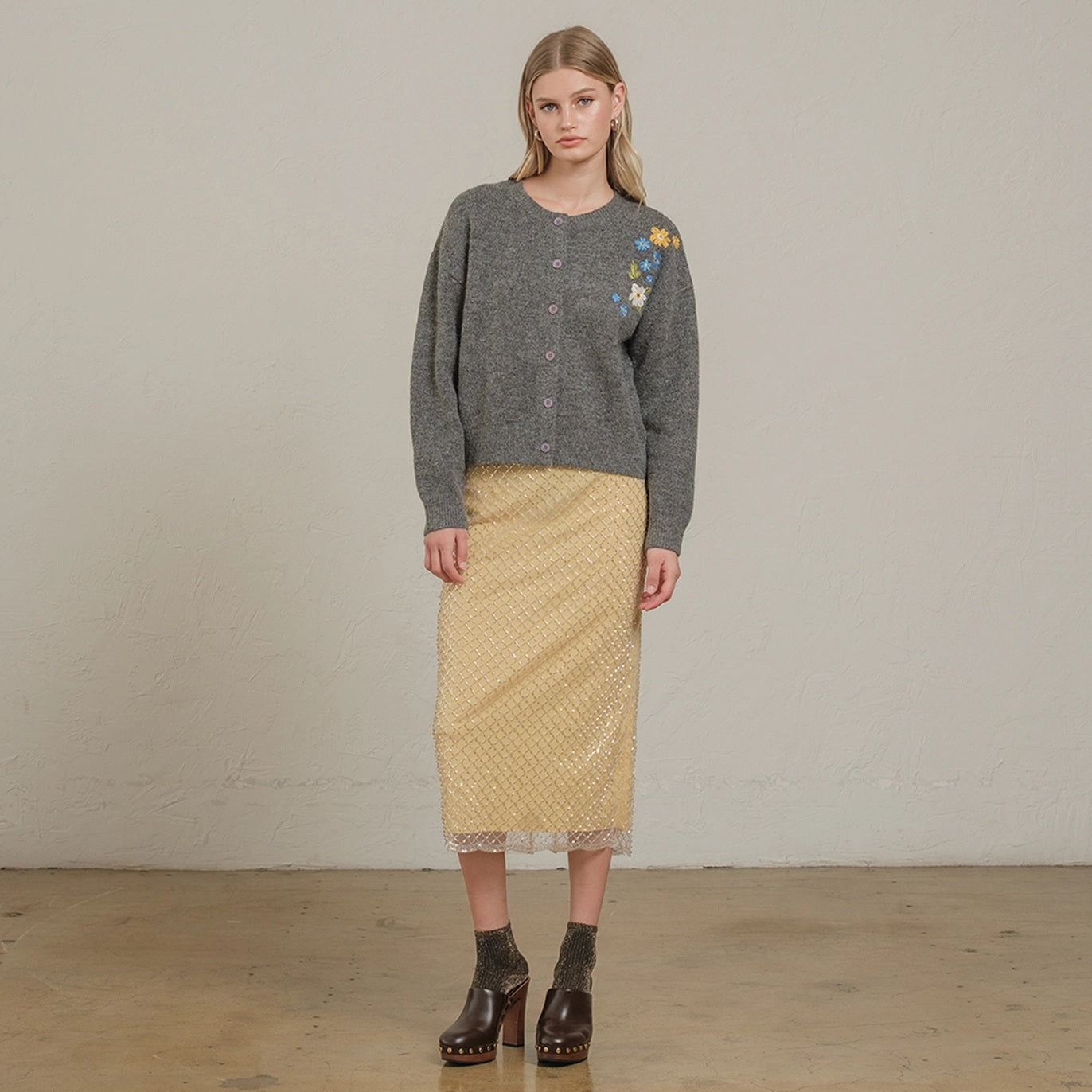 Floral Embroidered Knit Cardigan Sweater