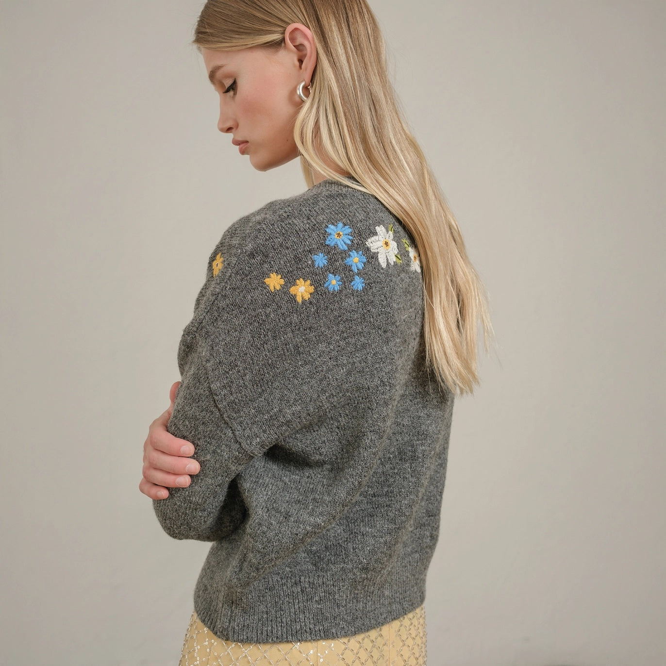 Floral Embroidered Knit Cardigan Sweater