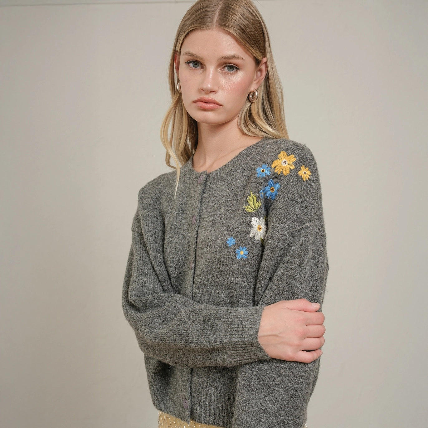 Floral Embroidered Knit Cardigan Sweater