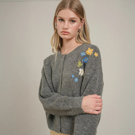 Floral Embroidered Knit Cardigan Sweater