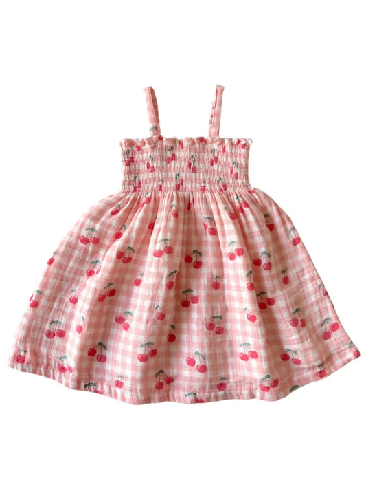 Gingham Cherries Muslin Smocked Tube Dress
