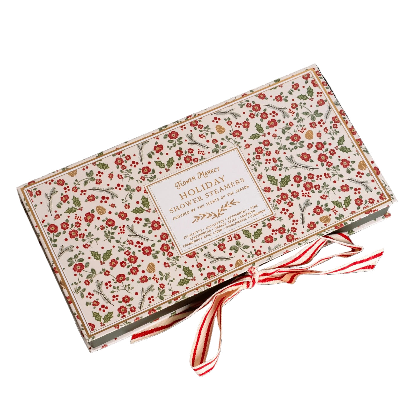 Floral-patterned box with a ribbon on a black background