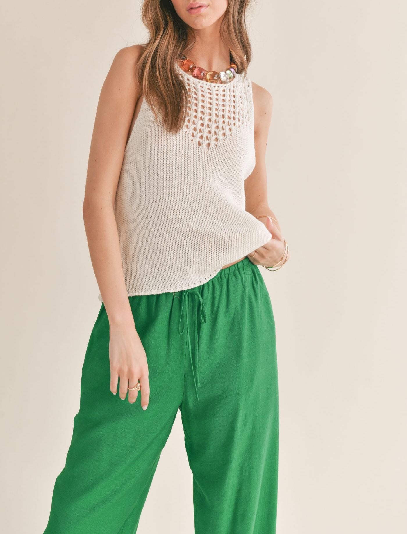Sage the Label, The Breeze Open Knit Neck Detail Sweater Tank in Off White - Boutique Dandelion