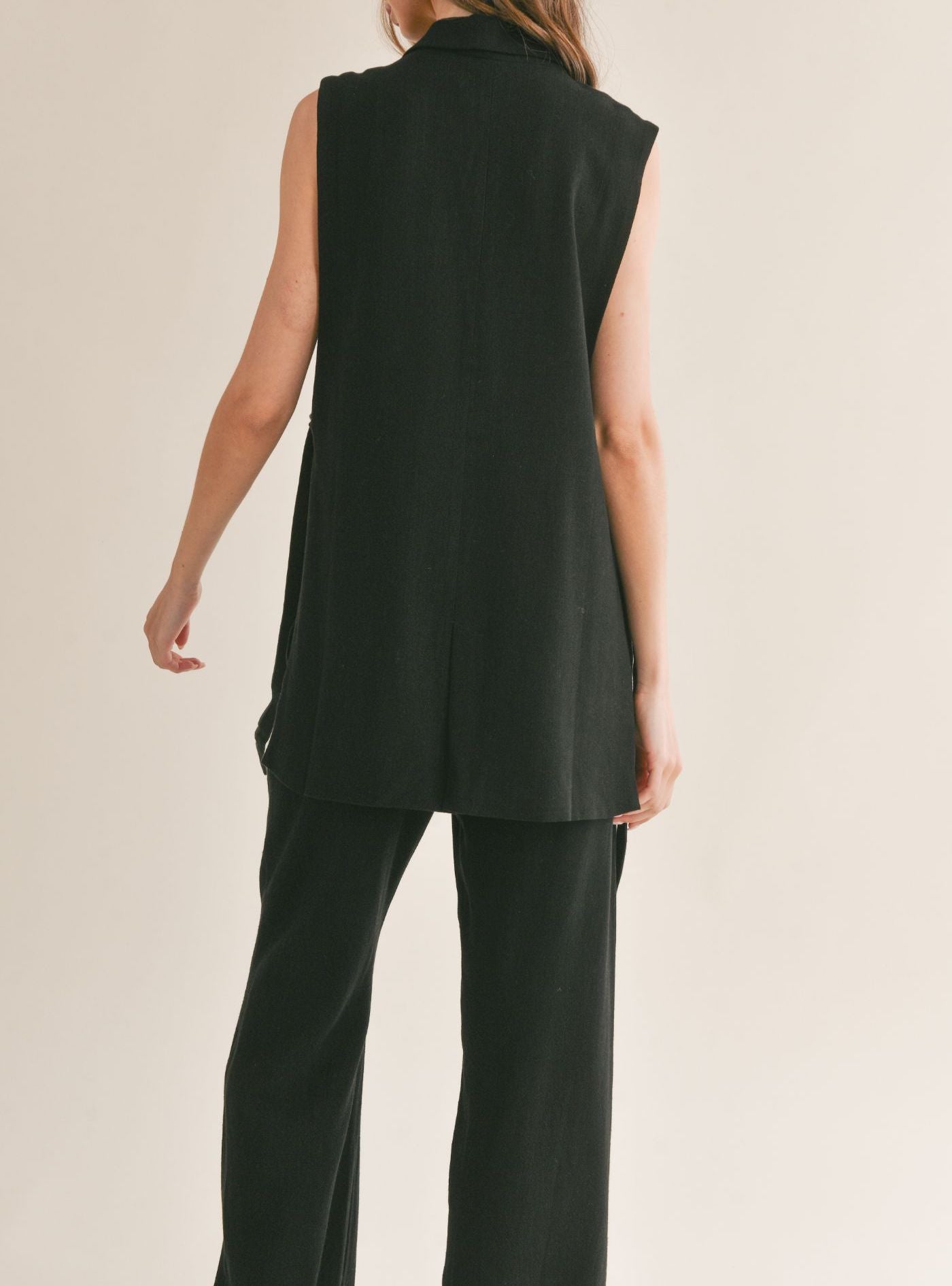 Sage The Label, At Ease Linen Blend Side Belted Blazer Vest in Black - Boutique Dandelion