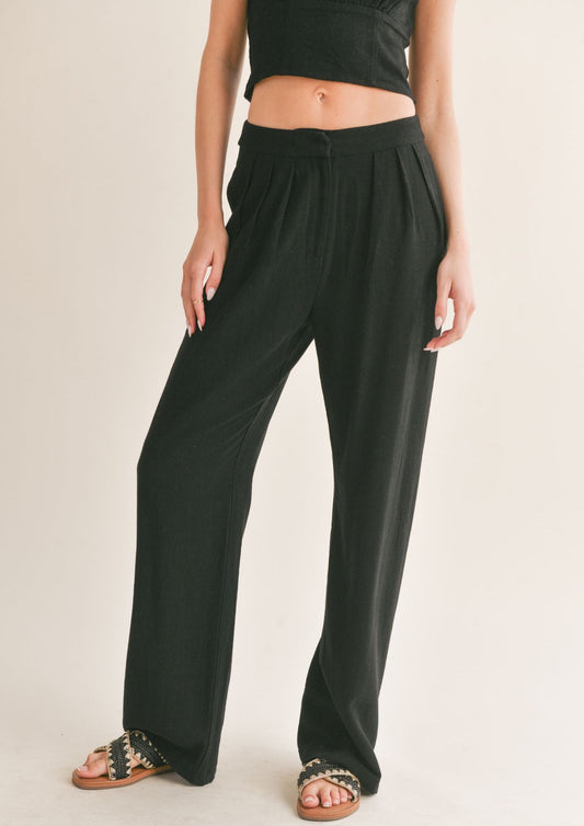 Sage The Label, At Ease Linen Blend Pleated Trouser in Black - Boutique Dandelion