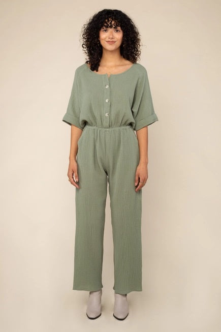 NLT, Millie Button Up Cotton Gauze Jumpsuit with Side Pockets in Sage - Boutique Dandelion