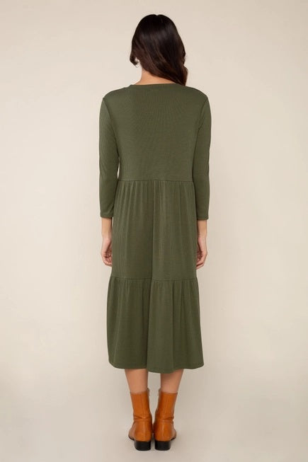 NLT, Lacy Tiered Midi Rib 3/4 Sleeve Dress in Olive - Plus Extended Size - Boutique Dandelion