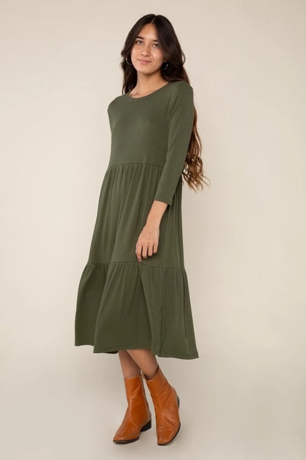 NLT, Lacy Tiered Midi Rib 3/4 Sleeve Dress in Olive - Plus Extended Size - Boutique Dandelion