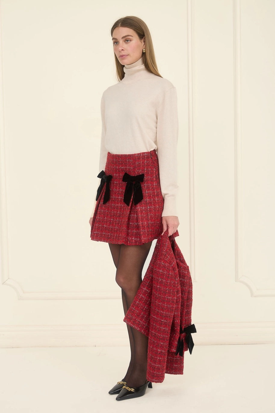 Plaid Tweed Mini Skirt with Ribbon Detail