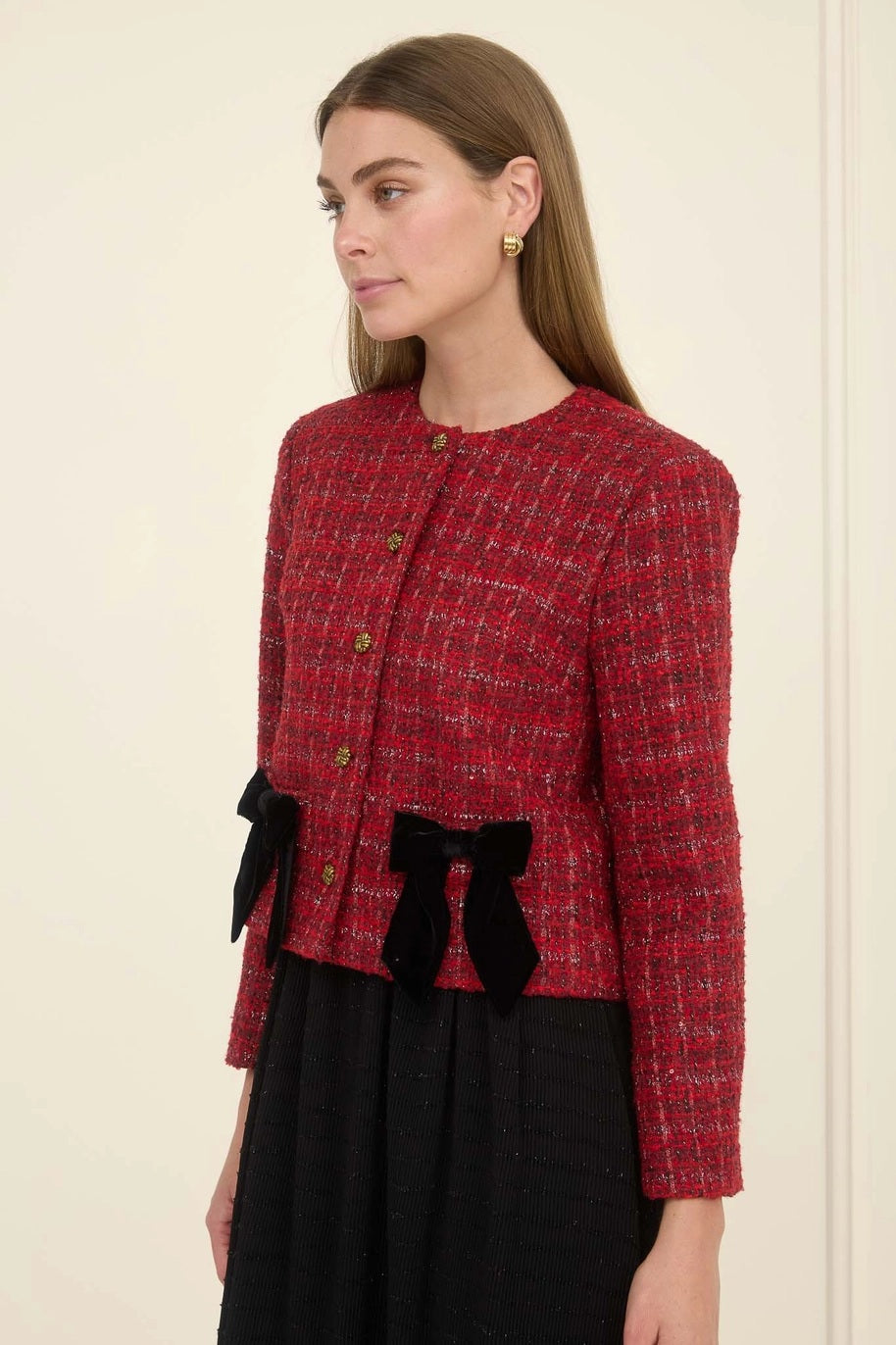 Plaid Tweed Velvet Bow Detail Button Down Jacket