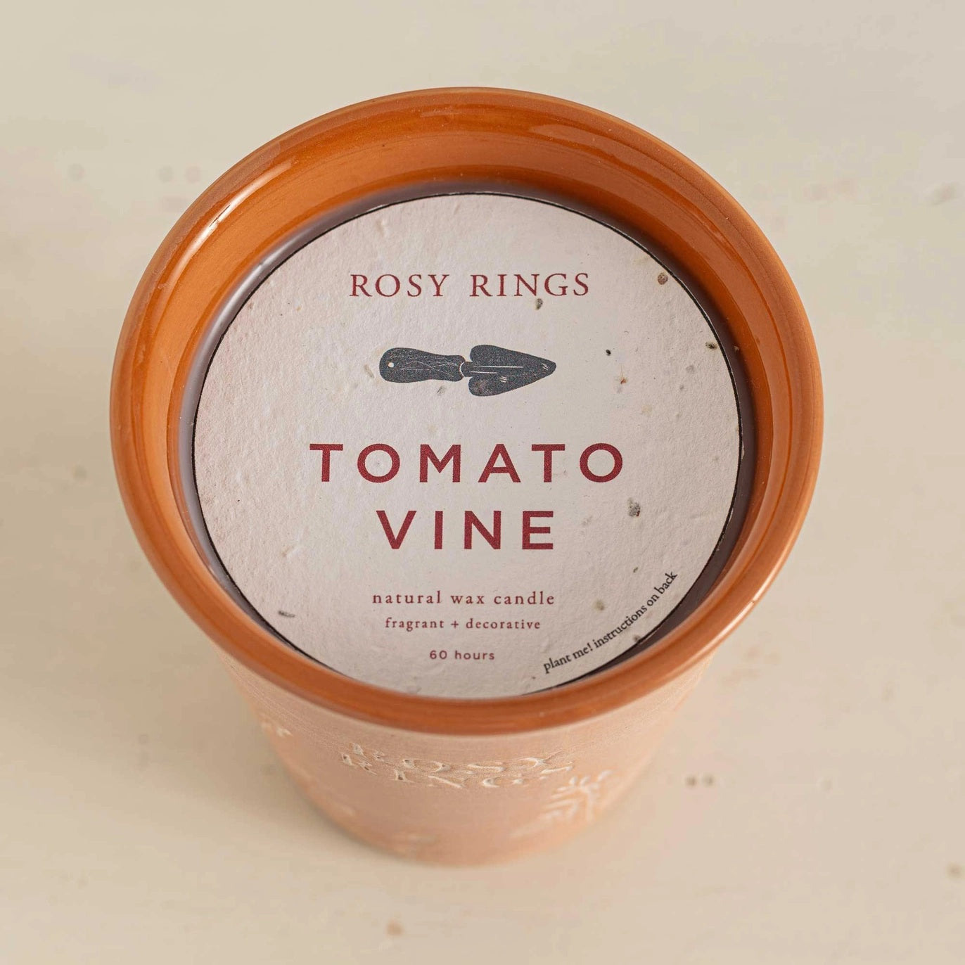 Rosy Rings, Tomato Vine Garden Pot Candle + Plantable Seed Dust Cover