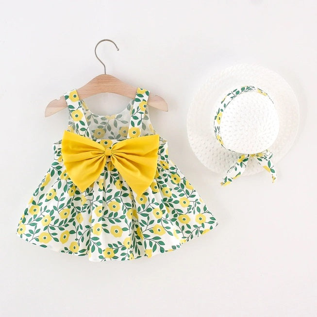 Sleeveless Floral Bow Tie Dress with Matching Hat Set