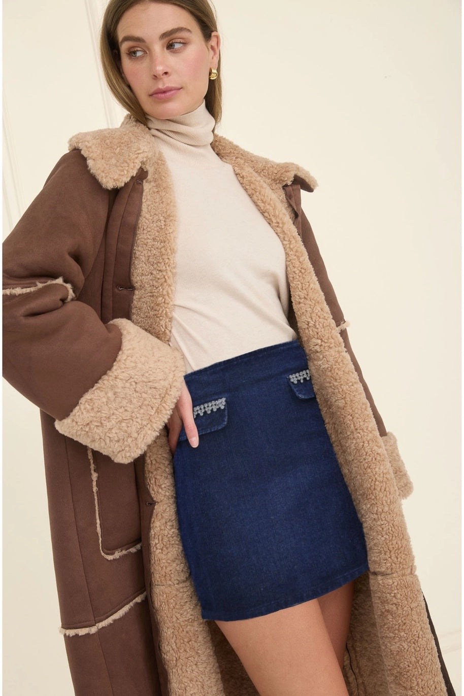 Suede Faux Fur Lined Long Coat
