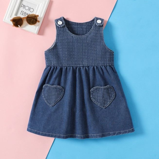 Sweet Toddler Girl Denim Dress with Heart Pockets - Boutique Dandelion