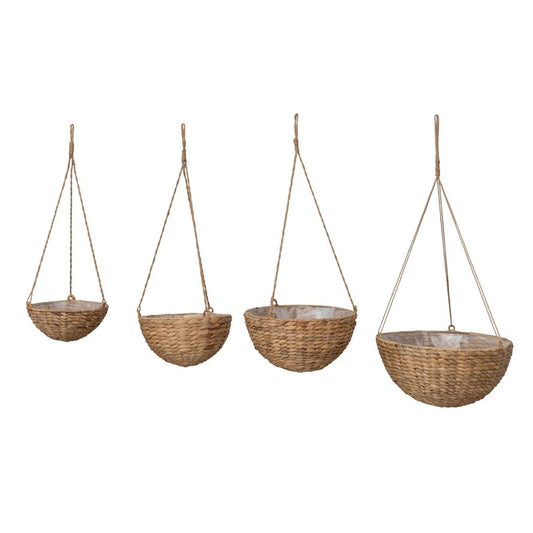 Handwoven Water Hyacinth Hanging Basket Planter with Plastic Lining