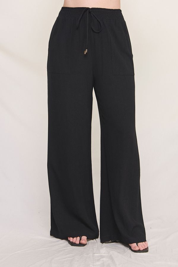 Allie Rose, Linen Smocked Waist Wide Leg Pants with Front Pockets