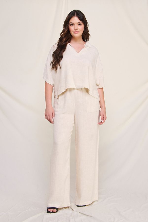 Allie Rose, Linen Smocked Waist Wide Leg Pants with Front Pockets