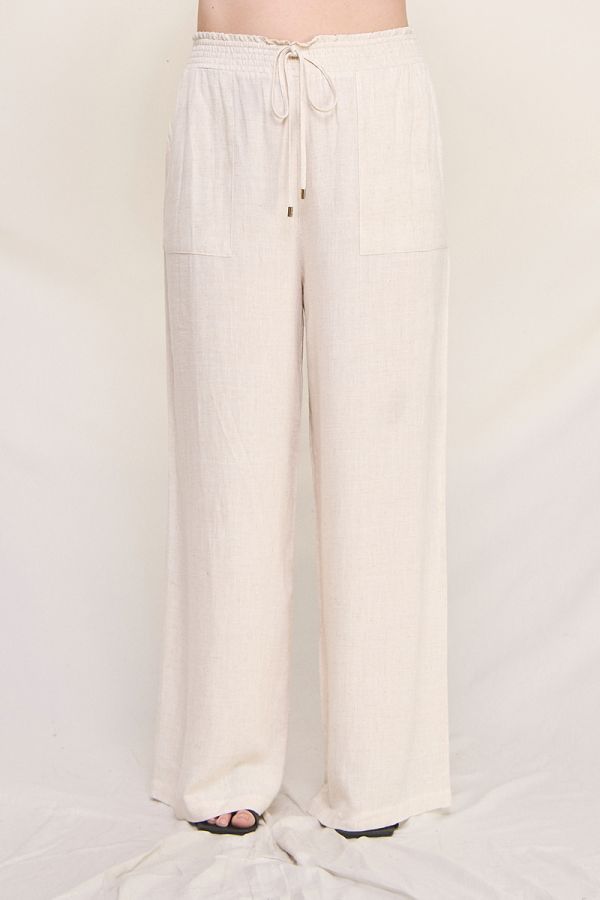 Allie Rose, Linen Smocked Waist Wide Leg Pants with Front Pockets