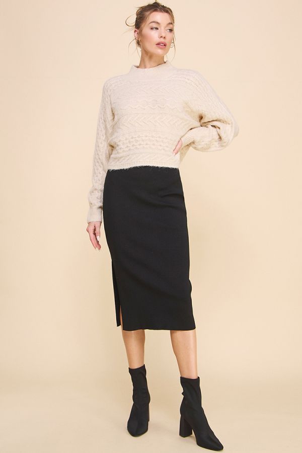 Allie Rose, Bodycon Midi Skirt with Side Slit in Black - Boutique Dandelion