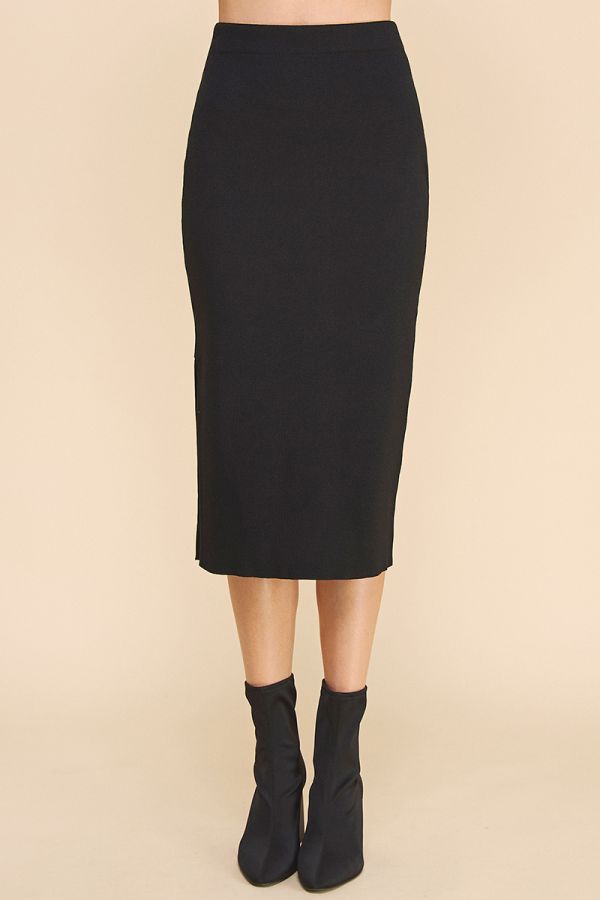 Allie Rose, Bodycon Midi Skirt with Side Slit in Black - Boutique Dandelion