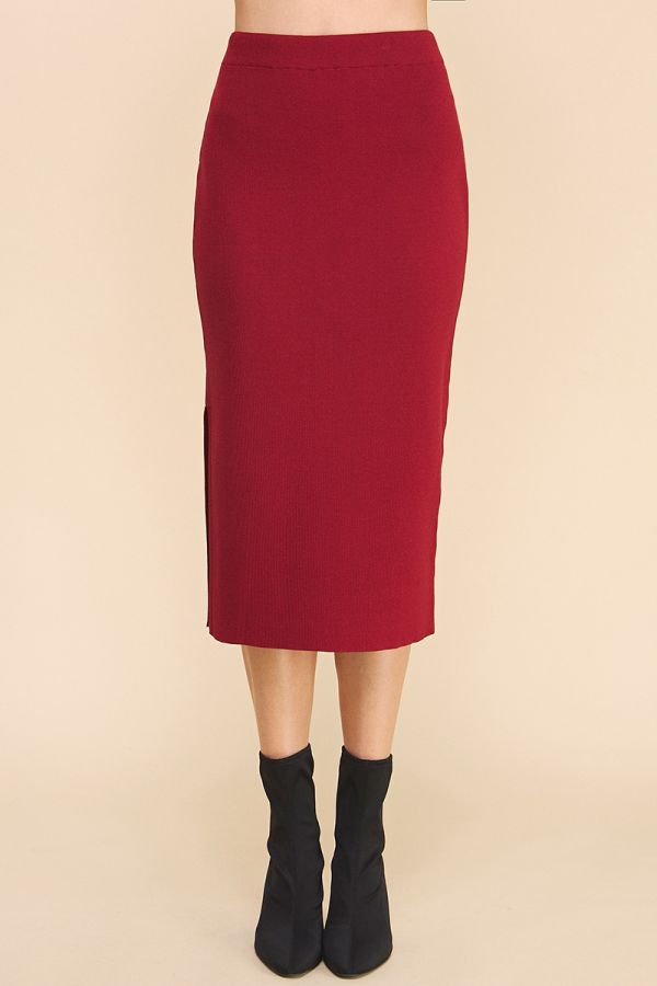 Allie Rose, Bodycon Midi Skirt with Side Slit in Carmine Red - Boutique Dandelion
