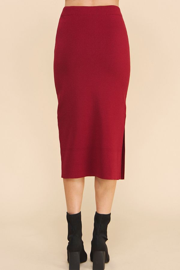 Allie Rose, Bodycon Midi Skirt with Side Slit in Carmine Red - Boutique Dandelion