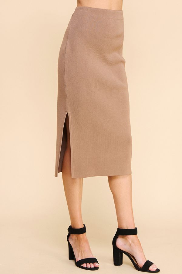 Allie Rose, Bodycon Midi Skirt with Side Slit in Tan - Boutique Dandelion