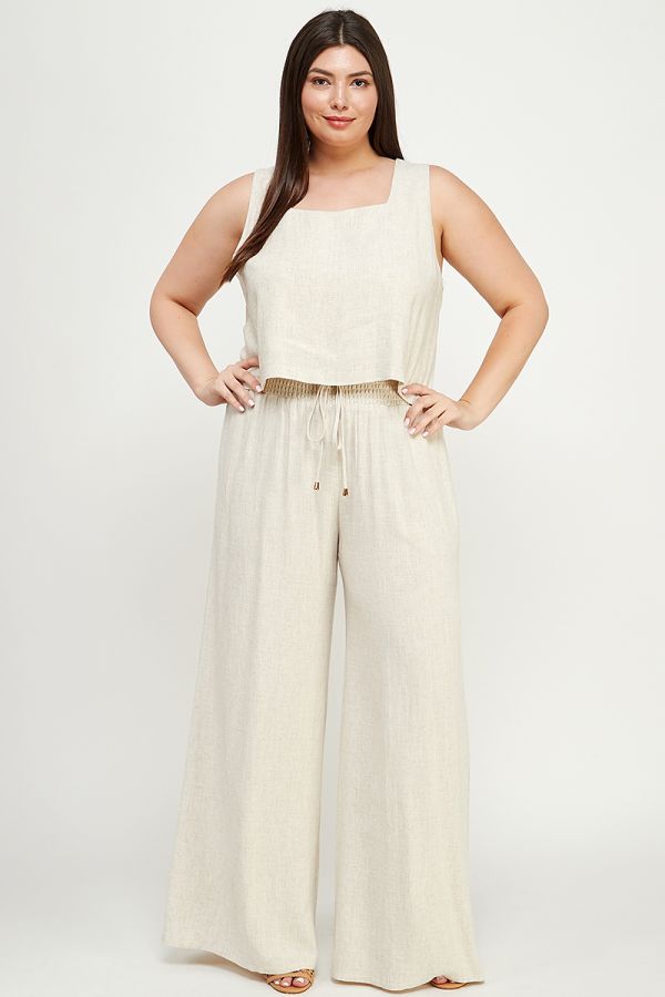 Allie Rose, Linen Smocked Waist Wide Leg Pants