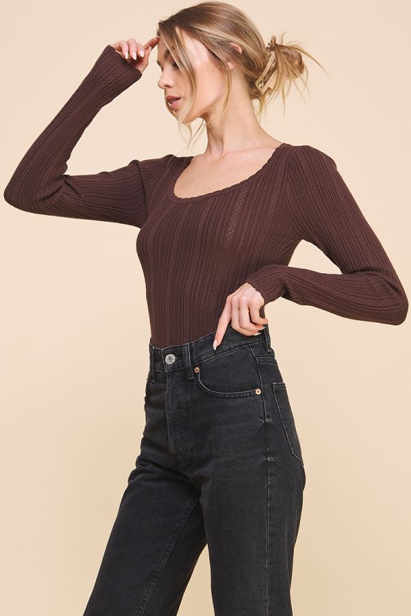 Ribbed Scoop Neck Long Sleeve Bodysuit