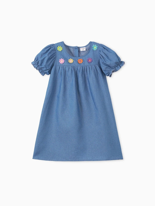 Embroidered Floral Puff Sleeve Dress For Toddler
