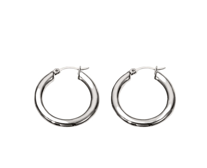 A pair of gold-colored round hoop earrings on a white background